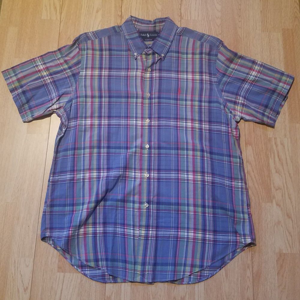 Ralph Lauren Classic Fit Mens XL Button Down Short Sleeve Flannel Blue Plaid EUC